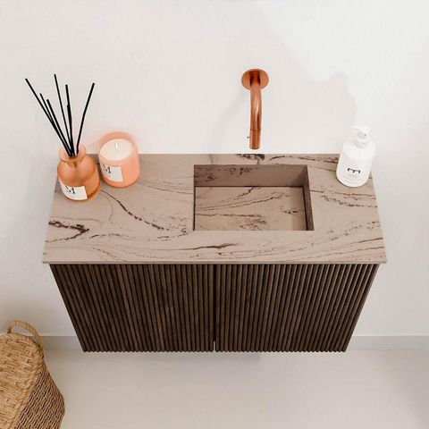 Mondiaz JOYA-DLUX 60cm toiletmeubel - kleur Walnut - Wastafel FAYE positie Rechts Zonder kraangat kleur Arena. SW1424337