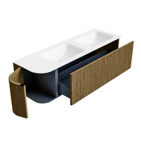 Mondiaz KURVE Ensemble de meubles de salle de bains - 145x46x40cm - 1 tiroir - 1 porte - lavabo solid surface - double / droit - 2 trous de robinet - Dusk SW1414820