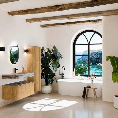 MONDIAZ THOR-DLUX 110cm badmeubel ronding links + rechts kleur Oak met 1 lade en 2 deuren. Vrijhangende wastafel CLOUD Midden 1 kraangat kleur Sombra. SW1463066