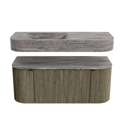 MONDIAZ THOR-DLUX 110cm meuble de salle de bains arrondi gauche + droite couleur Shadow avec 1 tiroir et 2 portes. Vasque suspendue CLOUD Gauche sans trou de robinet couleur Oza. SW1463026