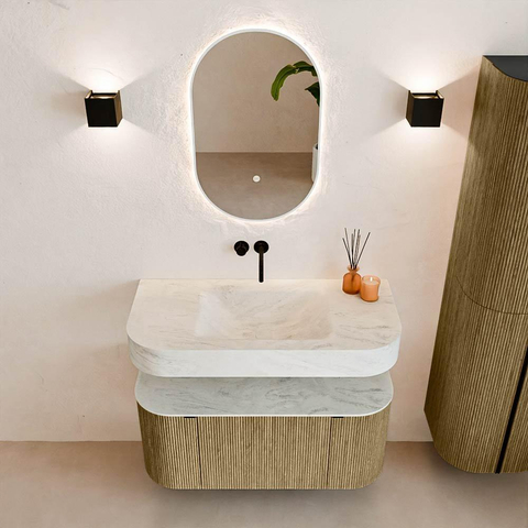 MONDIAZ THOR-DLUX 100cm meuble de salle de bains arrondi gauche + droite couleur Dusk avec 1 tiroir et 2 portes. Vasque suspendue CLOUD Milieu sans trou de robinet couleur Opalo. SW1467404