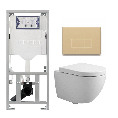 Pack WC QeramiQ Dely Swirl Compact - réservoir encastrable Geberit UP320 - avec bâti-support Burda - abattant 25 mm - plaque de commande en plastique beige - boutons rectangulaires - blanc brillant SW1592333