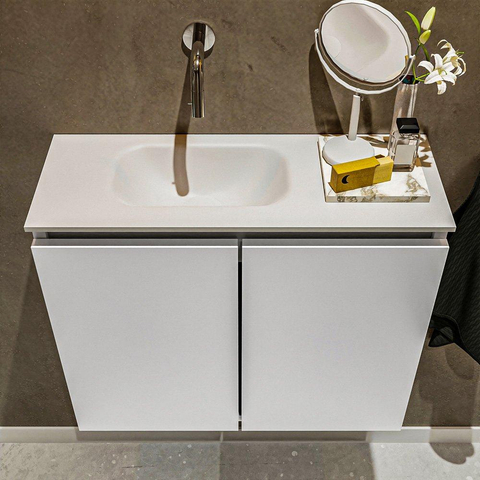 MONDIAZ TURE Fonteinset - 60x23x50cm - 0 kraangaten - 2 deuren - talc mat - Wasbak links - Solid Surface Wit OUTLETSTORE STORE44599