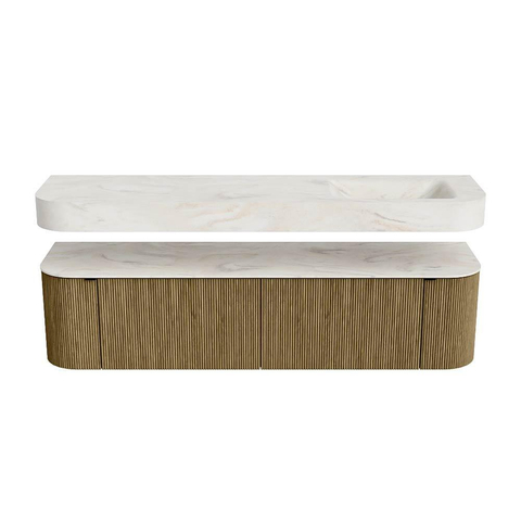 MONDIAZ THOR-DLUX 180cm meuble de salle de bains arrondi gauche + droite couleur Dusk avec 2 tiroirs et 2 portes. Vasque suspendue CLOUD Droite 1 trou de robinet couleur Ostra. SW1466027