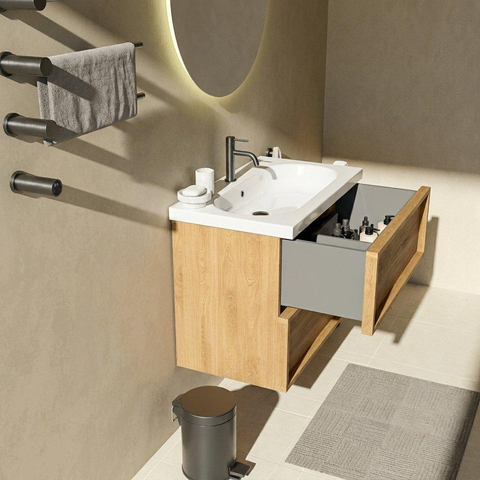 Saniclass Holz Frame Badkamermeubelset - 80x45x63.5cm - Palermo keramische wastafel wit - 1 wasbak - 1 kraangat - 2 lades - mat eiken natural (hout) SW1579712