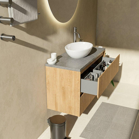 Saniclass Holz Atelier Badkamermeubelset - 100x45x63cm - Noche basalten wastafelblad gepolijst (zwart) - 1 kraangat - 2 lades - mat eiken natural (hout) SW1478558