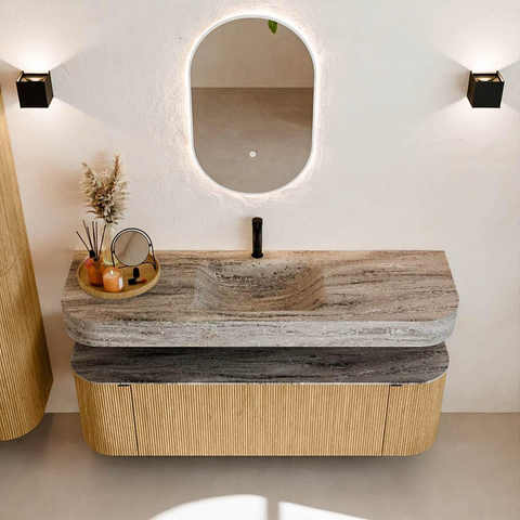 MONDIAZ THOR-DLUX 150cm badmeubel ronding links + rechts kleur Oak met 1 lade en 2 deuren. Vrijhangende wastafel CLOUD Midden 1 kraangat kleur Oza. SW1464848