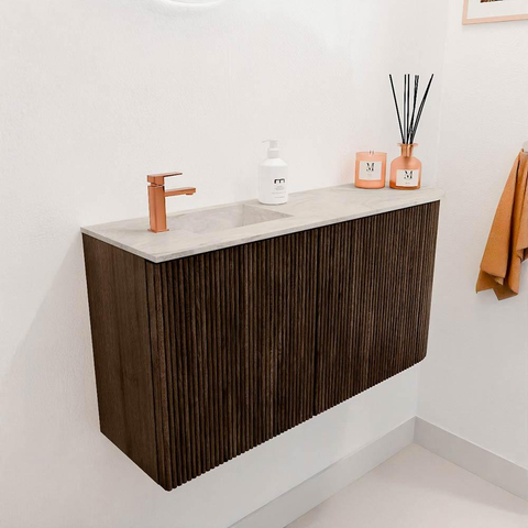 Mondiaz JOYA-DLUX 81.6cm toiletmeubel - ronding rechts kleur Walnut - Wastafel FAYE positie Links 1 kraangat kleur Ostra. SW1422651