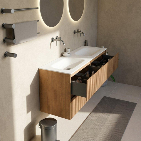 Saniclass Holz Atelier Badkamermeubelset - 140x45x61.5cm - Flow solid surface wastafel wit - 2 wasbakken - zonder kraangaten - 4 lades - mat eiken natural (hout) SW1478425