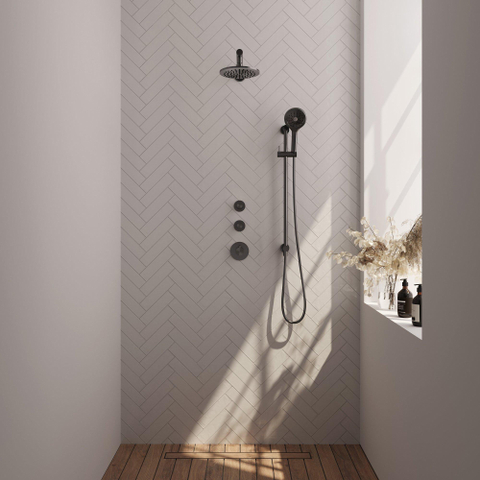 Brauer Gunmetal Edition Douche pluie thermostatique avec pommeau 20cm et bras mural 40cm et douchette Rond 3 jet flexible lisse avec coude mural Gunmetal brossé PVD SW715834