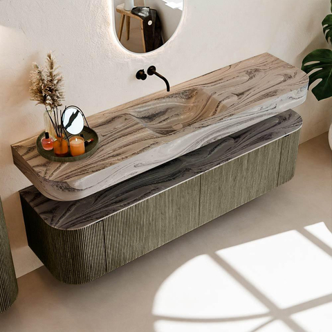 MONDIAZ THOR-DLUX Meuble de salle de bains - 180cm - arrondi gauche + droite - couleur Shadow - 2 tiroirs - 2 portes - Vasque suspendue CLOUD Milieu sans trou de robinet - couleur Sombra SW1466344
