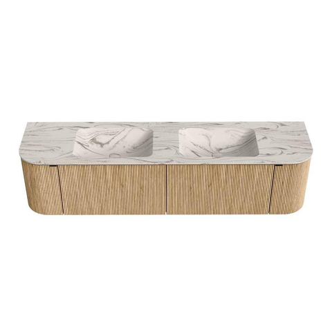MONDIAZ KURVE-DLUX Meuble de salle de bains 180cm arrondi gauche + droite couleur chêne avec 2 tiroirs et 2 portes. Lavabo LEAF double sans trou de robinet Nata. SW1432125