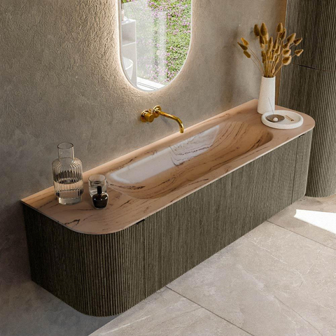 MONDIAZ KURVE-DLUX Meuble de salle de bains 160cm arrondi Gauche + Droite couleur Shadow avec 1 tiroir et 2 portes. Lavabo BIG MEDIUM Milieu sans trou de robinet Arena. SW1431484