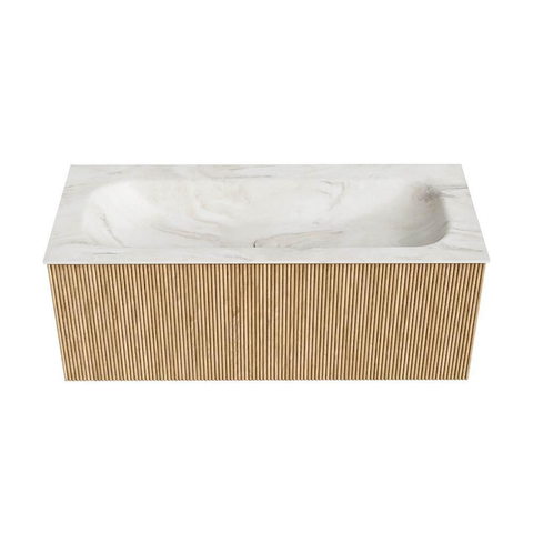 MONDIAZ KURVE-DLUX Meuble de salle de bains 110 cm couleur Oak avec 1 tiroir. Lavabo BIG MEDIUM centré sans trou de robinet couleur Ostra. SW1137781