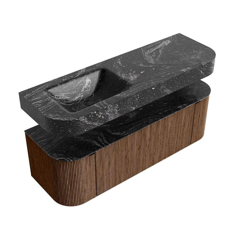 MONDIAZ THOR-DLUX Meuble de salle de bains 140cm arrondi gauche + droite couleur Walnut avec 1 tiroir et 2 portes. Vasque suspendue CLOUD Gauche sans trou de robinet couleur Lava. SW1463961
