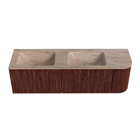 MONDIAZ KURVE-DLUX 155cm badmeubel ronding Rechts kleur Ruby met 2 lades en 1 deur. Wastafel LEAF Dubbel / Links zonder kraangat Saba. SW1433500
