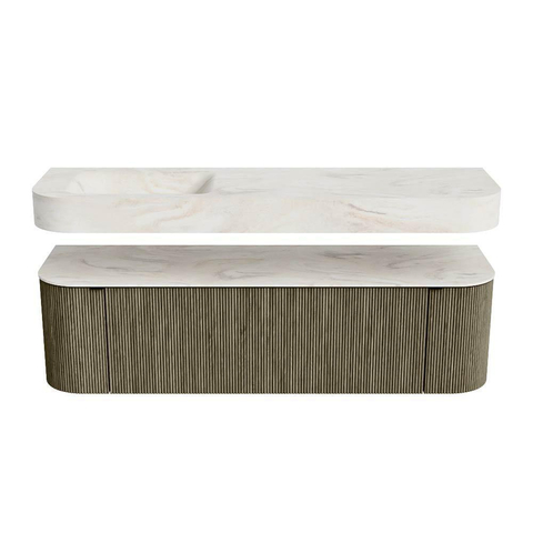 MONDIAZ THOR-DLUX 160cm meuble de salle de bains arrondi gauche + droite couleur Shadow avec 1 tiroir et 2 portes. Vasque suspendue CLOUD Gauche sans trou de robinet couleur Ostra. SW1465112