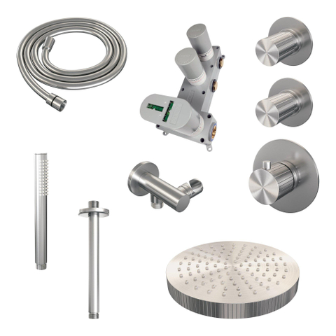BRAUER Stripe Thermostatische Inbouw Regendouche - SET 03 - 25cm douchekop - plafondarm - staaf handdouche - doucheslang - wandaansluitbocht - RVS-kleurig geborsteld PVD SW1435066