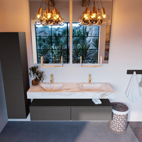 Mondiaz ALAN-DLUX Ensemble de meuble - 150cm - meuble Dark grey mat - 2 tiroirs - Lavabo Cloud Frappe suspendu - vasque Gauche et droite - 2 trous de robinet SW805068