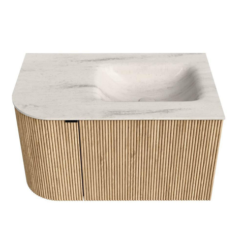 MONDIAZ KURVE-DLUX Meuble de salle de bains 75cm arrondi gauche couleur Oak avec 1 tiroir et 1 porte. Lavabo GRUNNE droit sans trou de robinet Meli. SW1431571