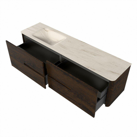 Mondiaz CIRO-DLUX Meuble de salle de bains - 180x45x50cm - Plan vasque Solid surface Meli - 1 vasque à gauche - sans perçages pour robinet - 4 tiroirs - Noyer SW1530536