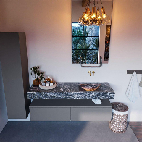 Mondiaz ALAN-DLUX Ensemble de meuble - 150cm - meuble Plata mat - 2 tiroirs - Lavabo Cloud Lava suspendu - vasque Droite - 0 trous de robinet SW808481