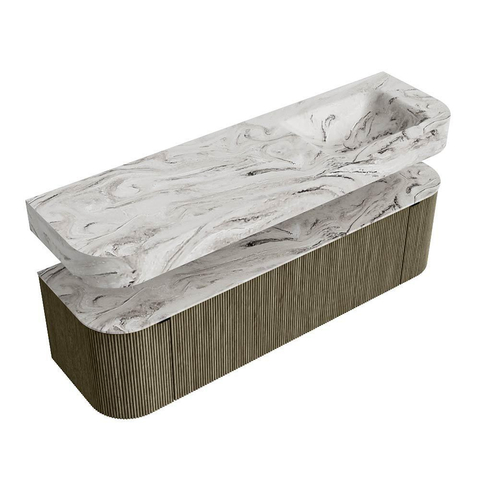 MONDIAZ THOR-DLUX Meuble de salle de bains 160cm arrondi gauche + droite couleur Shadow avec 1 tiroir et 2 portes. Vasque suspendue CLOUD Droite 1 trou de robinet couleur Glace. SW1467681