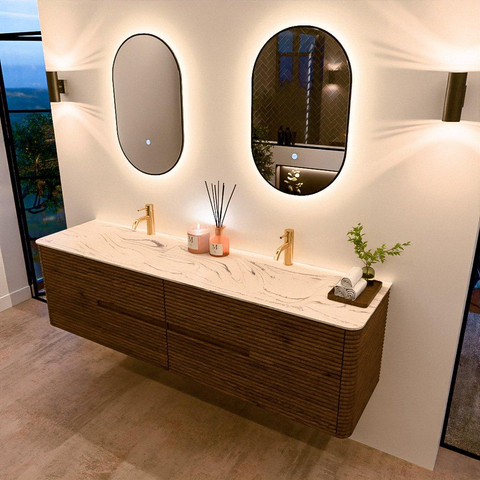 Mondiaz CIRO-DLUX Badkamermeubelset - 180x45x50cm - Solid surface wastafel Nata - 2 wasbak Dubbel - 2 kraangaten - 4 lades - Dusk SW1533248