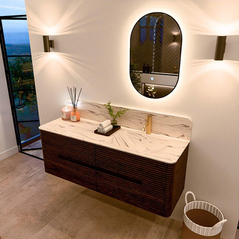 Mondiaz CIRO-DLUX Badkamermeubelset - 140x45x50cm - Solid surface wastafel Nata - 1 wasbak Rechts - 1 kraangat - 4 lades - Walnut SW1530555