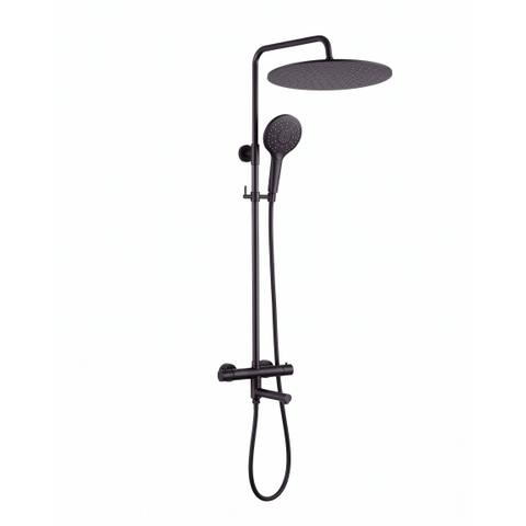 Fortifura Calvi Ensemble de douche pluie - thermostatique - douche de tête 30cm - flexible lisse - douchette ronde - bec de baignoire pivotant - noir mat SW1592491