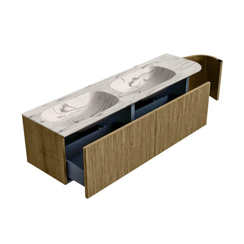 MONDIAZ KURVE-DLUX Meuble de salle de bains 165cm arrondi à droite couleur Dusk avec 2 tiroirs et 1 porte. Lavabo STOR SMALL Double / gauche 2 trous de robinet Nata. SW1434036