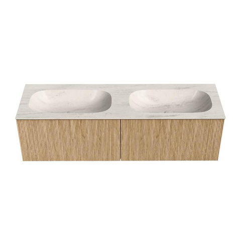 MONDIAZ KURVE-DLUX Meuble de salle de bains 150cm couleur Oak avec 2 tiroirs et 0 portes. Lavabo STOR SMALL Double sans trou de robinet Meli. SW1431661