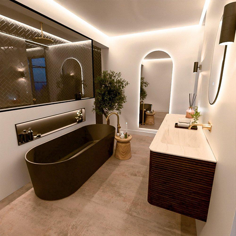 Mondiaz CIRO-DLUX Ensemble de meubles de salle de bains - 160x45x50cm - plan-vasque solid surface Meli - 1 lavabo à droite - sans trous de robinet - 4 tiroirs - Noyer SW1530533