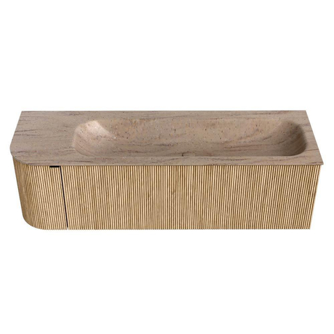 MONDIAZ KURVE-DLUX Meuble de salle de bains 145cm arrondi à gauche couleur Chêne avec 1 tiroir et 1 porte. Lavabo BIG LARGE à droite sans trou de robinet Saba. SW1433088