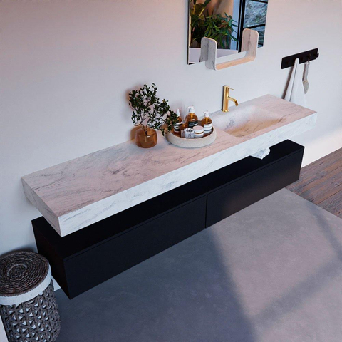 Mondiaz ALAN-DLUX Ensemble de meuble - 200cm - meuble Urban mat - 2 tiroirs - Lavabo Cloud Opalo suspendu - vasque Droite - 1 trou de robinet SW806476