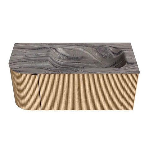 MONDIAZ KURVE-DLUX Meuble de salle de bains 105cm arrondi à gauche couleur Oak avec 1 tiroir et 1 porte. Lavabo BIG SMALL à droite 1 trou de robinet Sombra. SW1433548