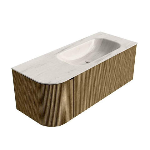 MONDIAZ KURVE-DLUX Meuble de salle de bains 115cm courbe à gauche couleur Dusk avec 1 tiroir et 1 porte. Lavabo BIG SMALL à droite sans trou de robinet Meli. SW1431884