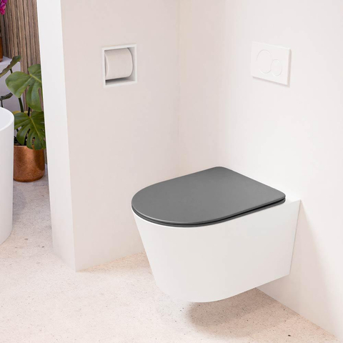 Mondiaz LAVIE hangtoilet – spoelrandloos – 36 x 53 cm – met softclose zitting – Talc (wit), zitting Dark grey (grijs) SW1208611