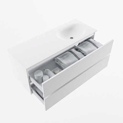 MONDIAZ VICA 120cm meuble de salle de bains sous-meuble Talc 2 tiroirs. Lavabo MOON droit sans trou de robinet, couleur Talc. SW1381923