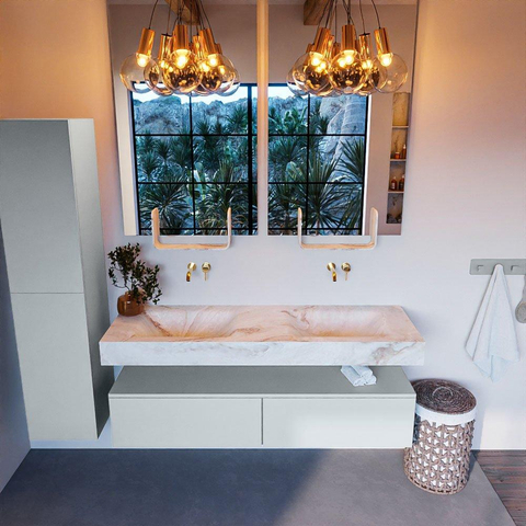 Mondiaz ALAN-DLUX Ensemble de meuble - 150cm - meuble Clay mat - 2 tiroirs - Lavabo Cloud Frappe suspendu - vasque Gauche et droite - 0 trous de robinet SW804748