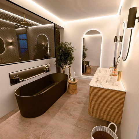 Mondiaz CIRO-DLUX Meuble de salle de bains - 140x45x50cm - Plan vasque solid surface Glace - 2 vasques double - 2 trous de robinetterie - 4 tiroirs - Chêne SW1530812
