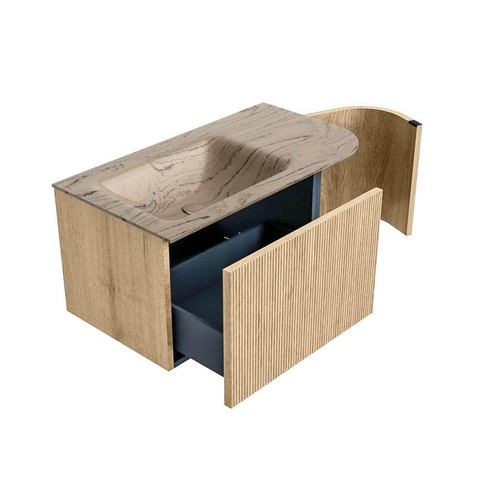 MONDIAZ KURVE-DLUX 85cm badmeubel ronding Rechts kleur Oak met 1 lade en 1 deur. Wastafel CLOUD Links zonder kraangat Arena. SW1431080