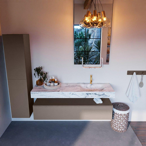 Mondiaz ALAN-DLUX Ensemble de meuble - 150cm - meuble Smoke mat - 1 tiroir - Lavabo Cloud Glace suspendu - vasque Droite - 1 trou de robinet SW805736