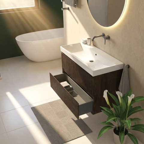 Saniclass Holz Atelier Ensemble de meubles de salle de bains - 100x45x67,5cm - lavabo Wave en céramique - 1 vasque - sans trou de robinetterie - 2 tiroirs - chêne charcoal mat (bois) SW1479034