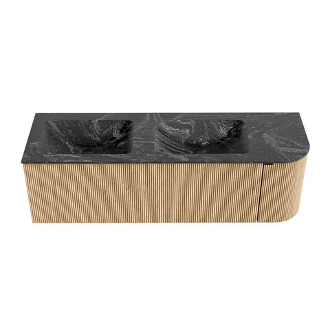 MONDIAZ KURVE-DLUX 145cm meuble de salle de bains avec module 25 R couleur Chêne avec 1 tiroir et 1 porte. Lavabo LEAF double / gauche sans trou de robinet couleur Lava. SW1137170
