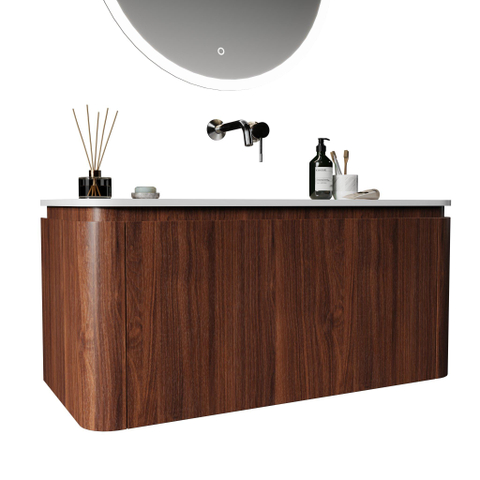 Royal Plaza Terra Ensemble meuble de salle de bains - 100x46.2x46cm - vasque en solid surface blanc mat - 1 vasque - sans trou de robinet - 2 tiroirs - châtaigne (noyer) SW1447024
