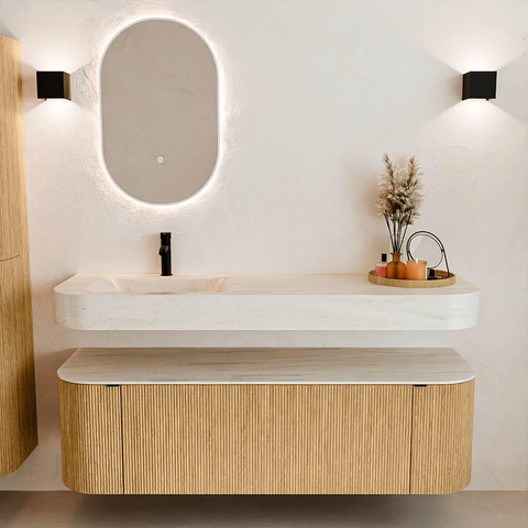 MONDIAZ THOR-DLUX 150cm meuble de salle de bains arrondi gauche + droite couleur Oak avec 1 tiroir et 2 portes. Vasque suspendue CLOUD gauche 1 trou de robinet couleur Meli. SW1464758
