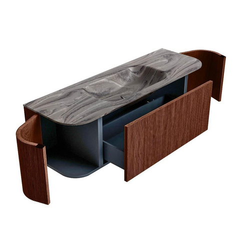 MONDIAZ KURVE-DLUX Meuble de salle de bains 140cm arrondi Gauche + Droite couleur Ruby avec 1 tiroir et 2 portes. Lavabo BIG SMALL Central sans trou de robinet Sombra. SW1433945
