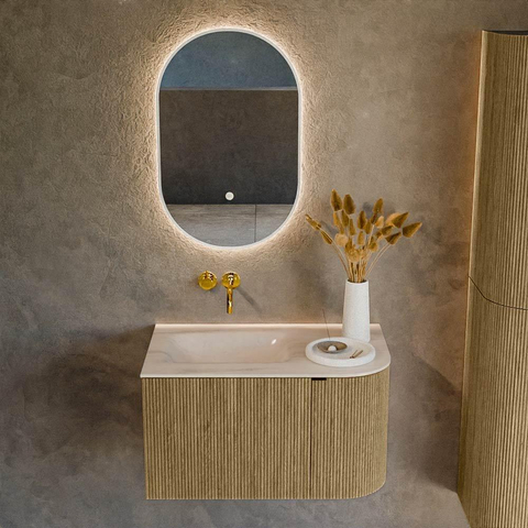 MONDIAZ KURVE-DLUX Meuble de salle de bains 75cm arrondi à droite couleur Dusk avec 1 tiroir et 1 porte. Lavabo GRUNNE à gauche sans trou de robinet Meli. SW1431847