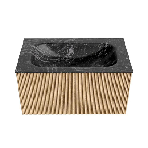 MONDIAZ KURVE-DLUX Meuble de salle de bains 80cm couleur Oak avec 1 tiroir. Lavabo BIG SMALL central sans trou de robinetterie couleur Lava. SW1138144